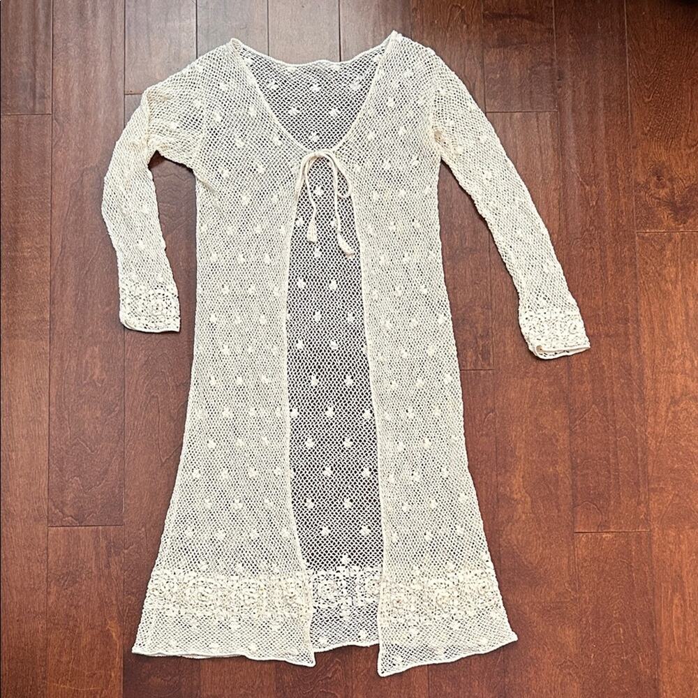 Vintage Cream Knit Tie-Front Duster, Size Small